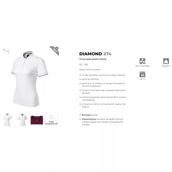 2740013 - Tricou polo de dama - Diamond - Malfini Premium - [Alb]