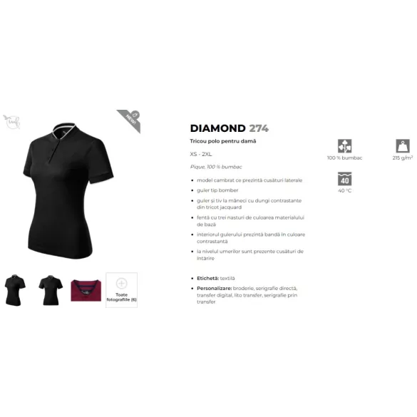2740113 - Tricou polo de dama - Diamond - Malfini Premium - [Negru]