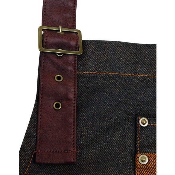 pr136 - Sort de baveta din denim cu piele falsa DIVISION - [Indigo/Brown Denim]